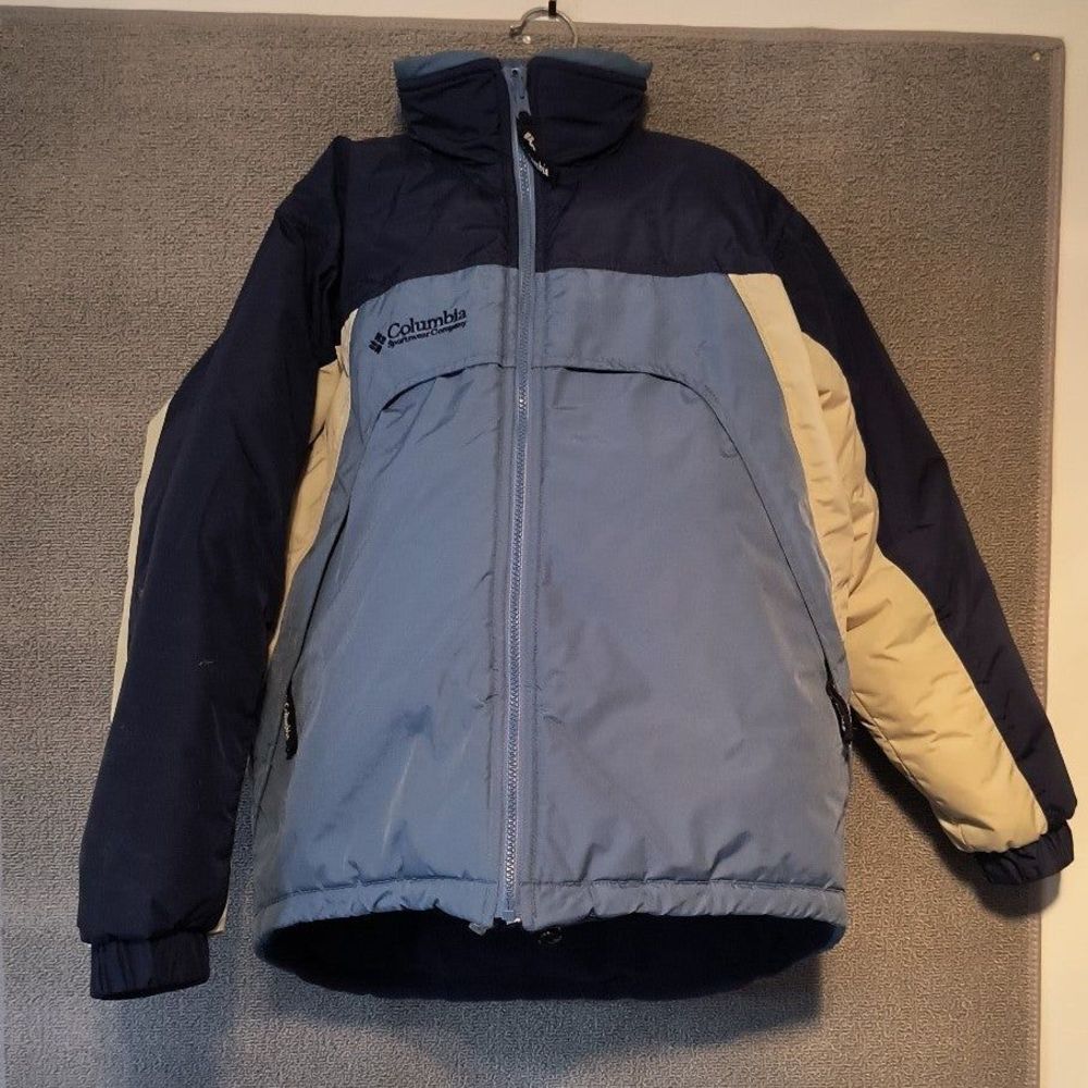 Columbia Youth Reversible Zipper Fleece Puffy Jacket Blue Beige 1548